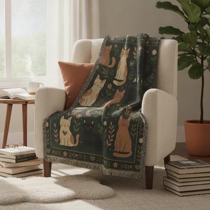 Whimsical Cat Woven Blanket | Folk Art Garden Throw