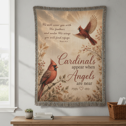 Cardinal Memorial Blanket | Cardinals Appear When Angels Are Near | Psalm 91:4 Sympathy Gift