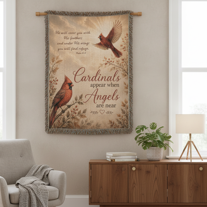 Cardinal Memorial Blanket | Cardinals Appear When Angels Are Near | Psalm 91:4 Sympathy Gift