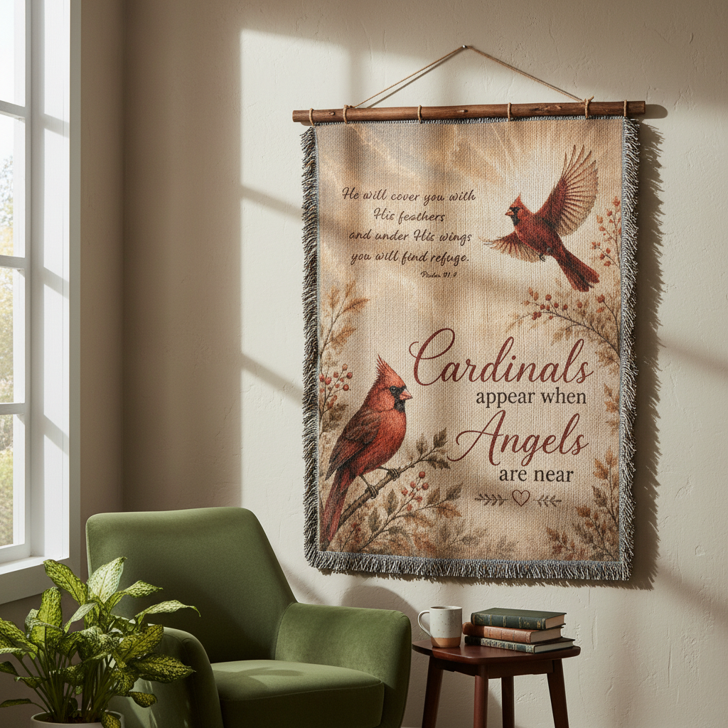 Cardinal Memorial Blanket | Cardinals Appear When Angels Are Near | Psalm 91:4 Sympathy Gift