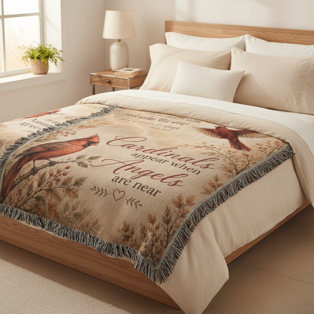 Cardinal Memorial Blanket | Cardinals Appear When Angels Are Near | Psalm 91:4 Sympathy Gift