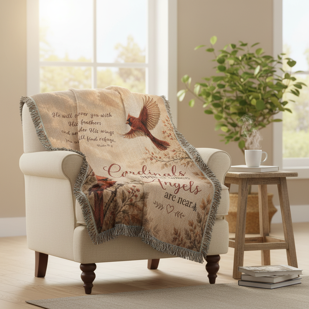 Cardinal Memorial Blanket | Cardinals Appear When Angels Are Near | Psalm 91:4 Sympathy Gift