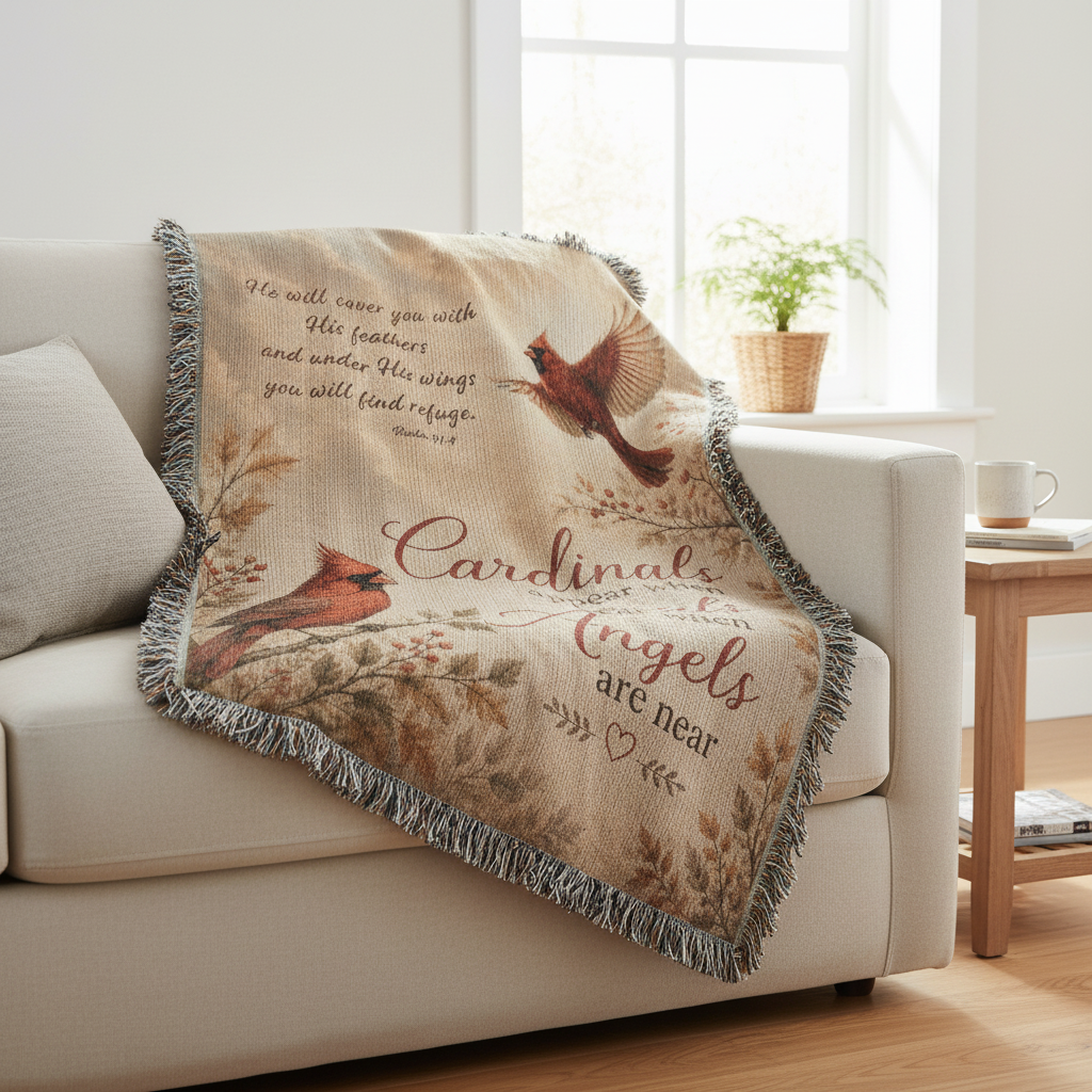 Cardinal Memorial Blanket | Cardinals Appear When Angels Are Near | Psalm 91:4 Sympathy Gift