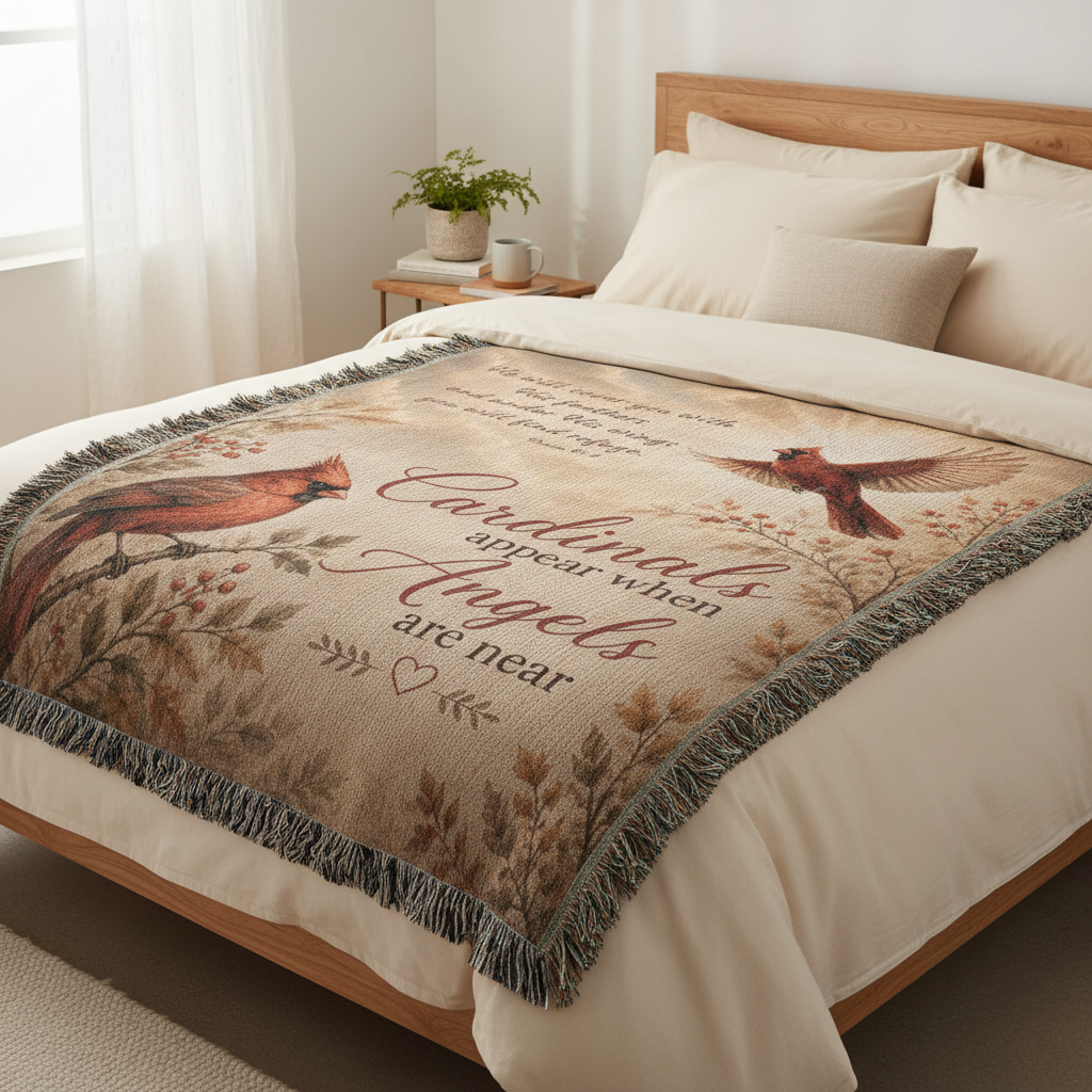 Cardinal Memorial Blanket | Cardinals Appear When Angels Are Near | Psalm 91:4 Sympathy Gift