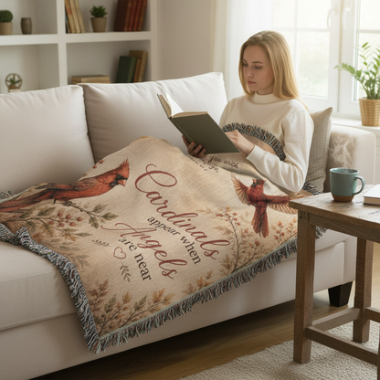 Cardinal memorial woven blanket styled on sofa with red cardinal artwork and heartfelt remembrance message for sympathy gift
