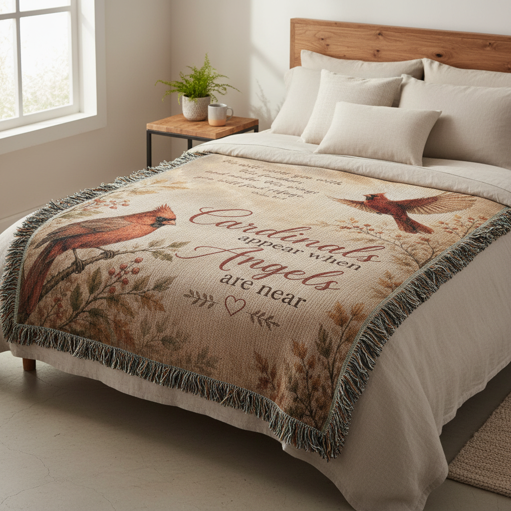 Cardinal memorial woven blanket styled across bed with red cardinal artwork, comforting sympathy message, and fringe detail