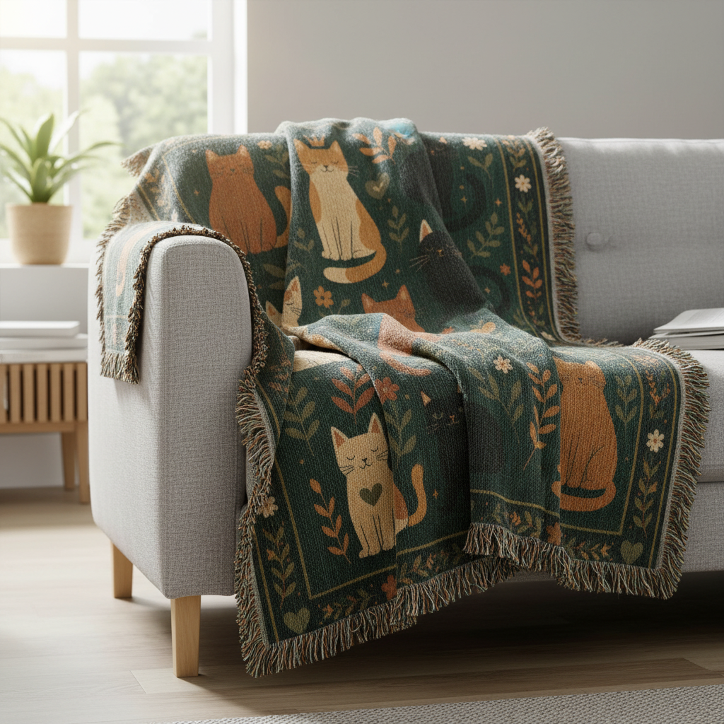 Whimsical Cat Woven Blanket | Folk Art Garden Throw