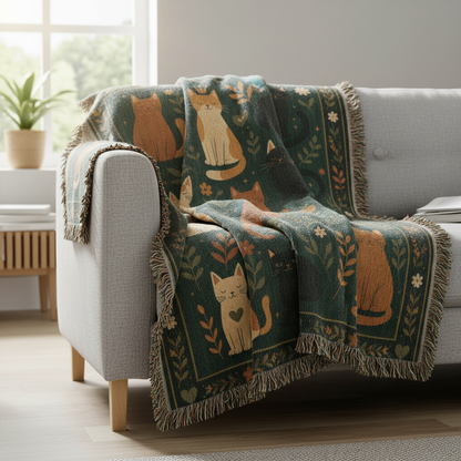 Whimsical Cat Woven Blanket | Folk Art Garden Throw