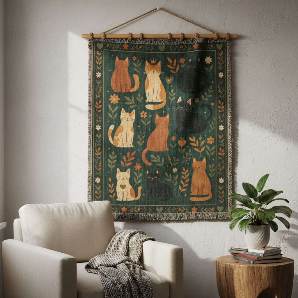 Whimsical Cat Woven Blanket | Folk Art Garden Throw