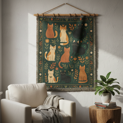 Whimsical Cat Woven Blanket | Folk Art Garden Throw