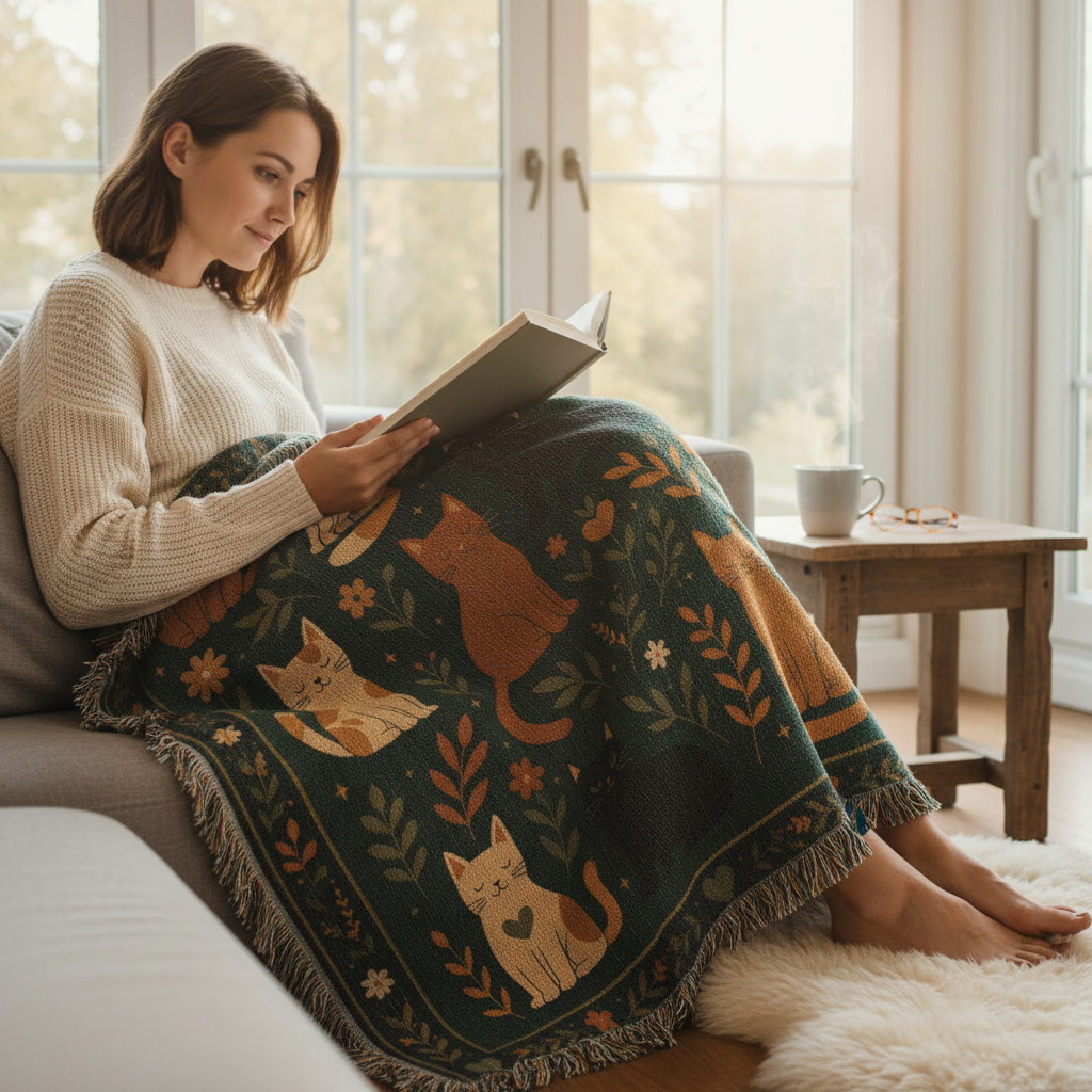 Whimsical Cat Woven Blanket | Folk Art Garden Throw