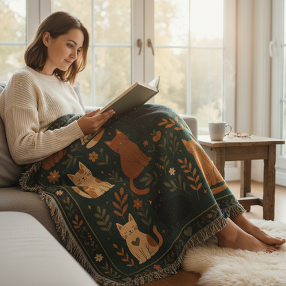 Whimsical Cat Woven Blanket | Folk Art Garden Throw