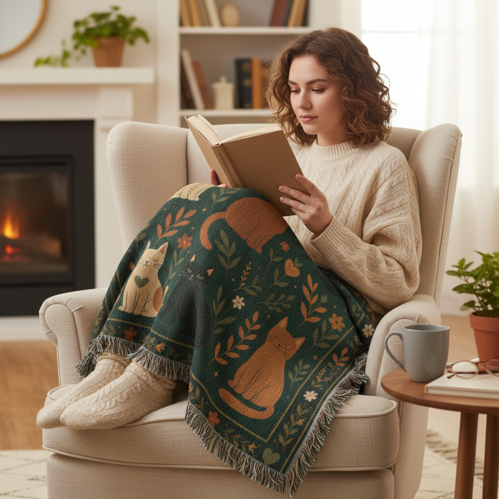 Whimsical Cat Woven Blanket | Folk Art Garden Throw