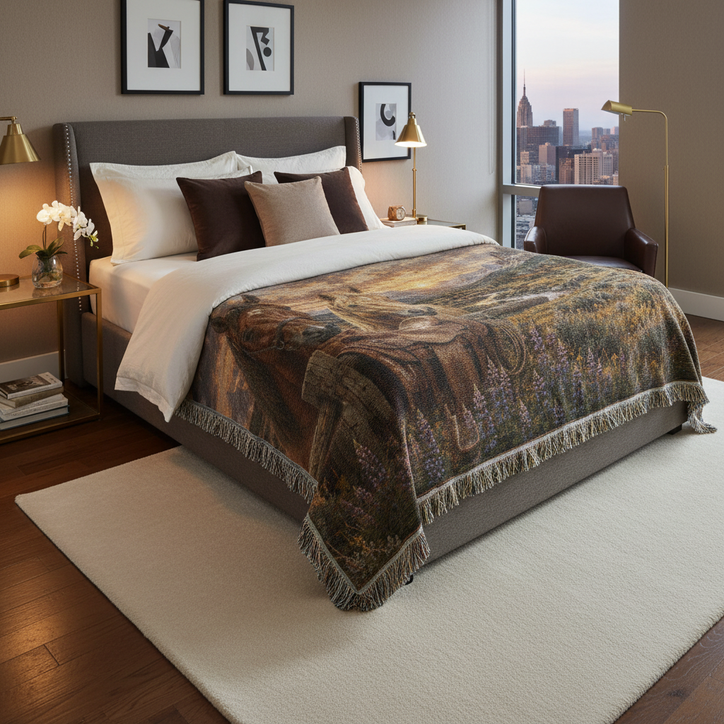 Mountain Ranch Horse Woven Blanket | Luxury Western Throw