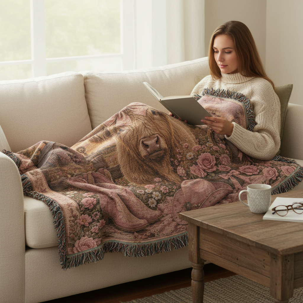 Highland Cow Coquette Woven Blanket | Pink Western Throw