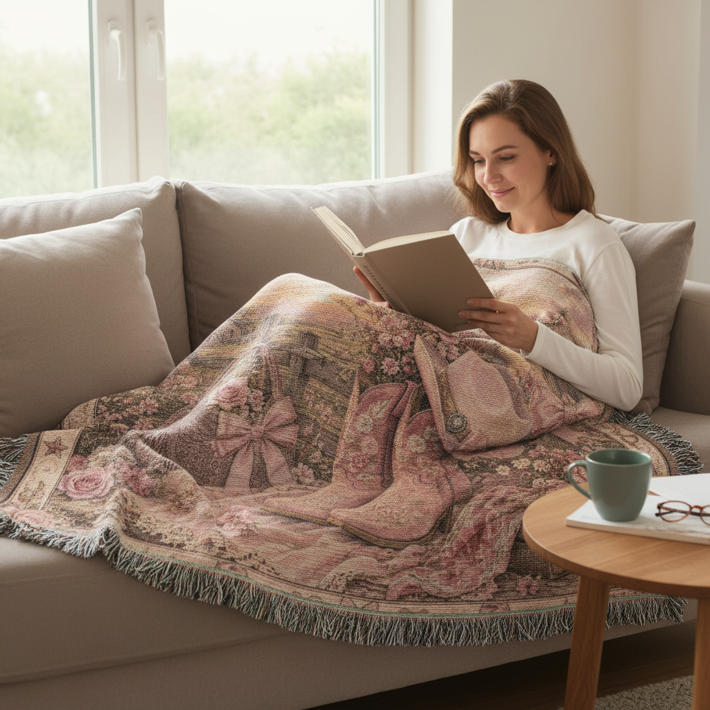 Pink Cowgirl Coquette Woven Blanket | Floral Western Throw
