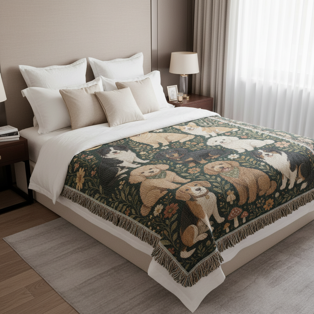 Dog Lover Woven Blanket | Floral Woodland Dogs Throw