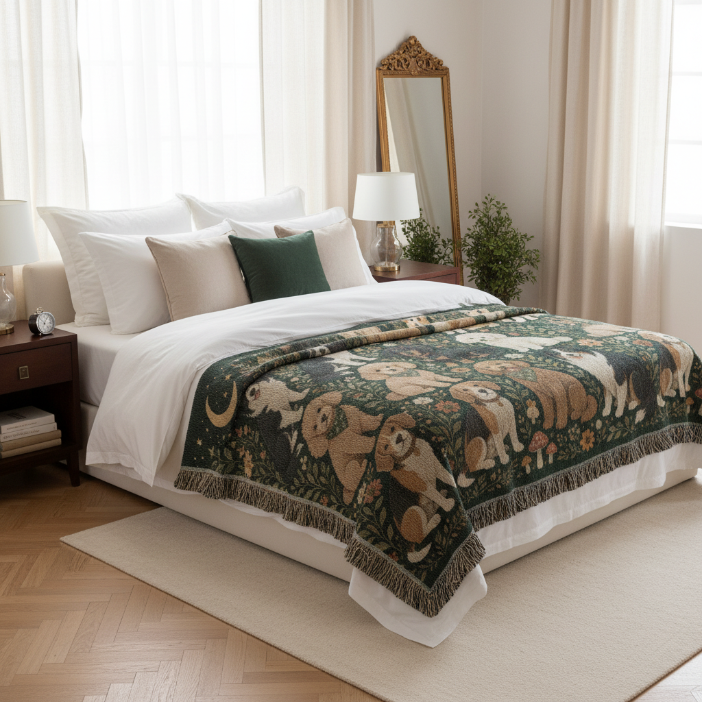 Dog Lover Woven Blanket | Floral Woodland Dogs Throw