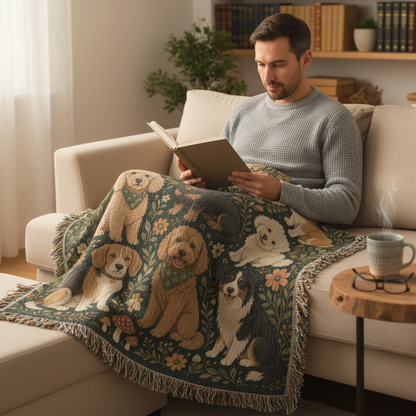 Dog Lover Woven Blanket | Floral Woodland Dogs Throw