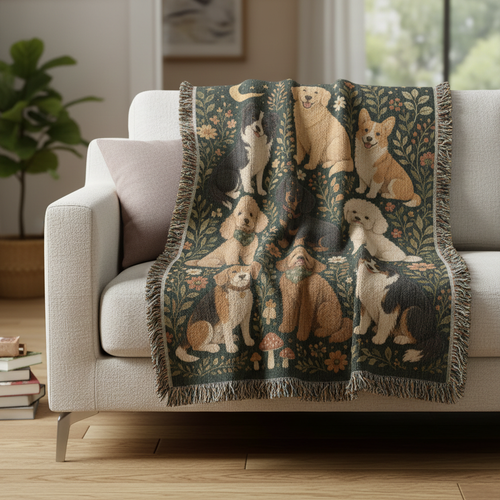 Dog Lover Woven Blanket | Floral Woodland Dogs Throw