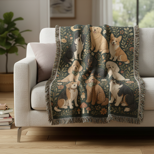 Dog Lover Woven Blanket | Floral Woodland Dogs Throw