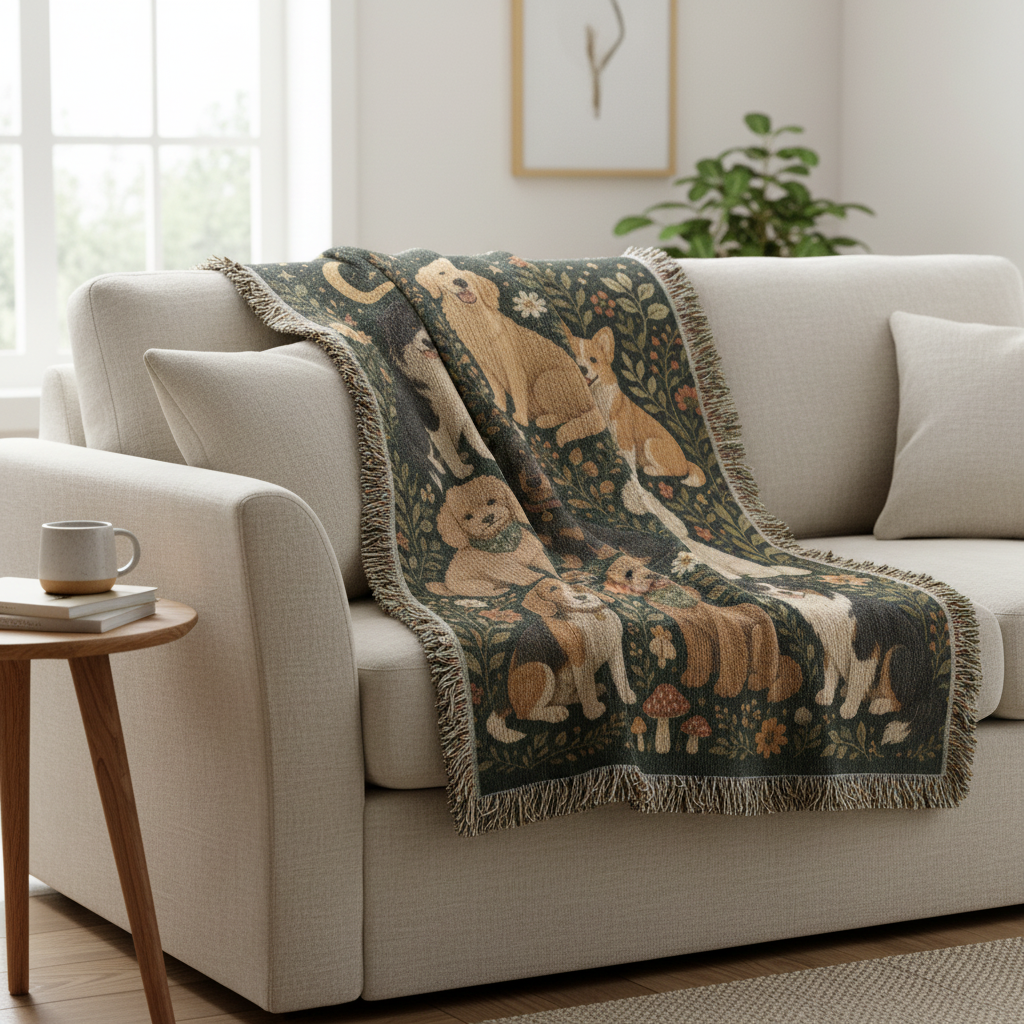 Dog Lover Woven Blanket | Floral Woodland Dogs Throw