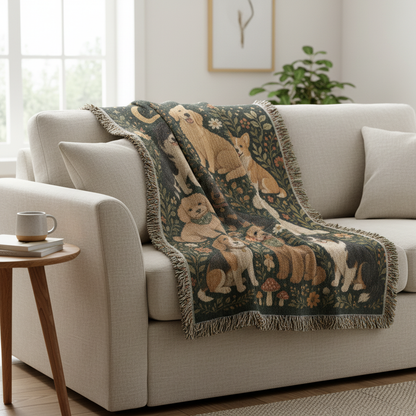 Dog Lover Woven Blanket | Floral Woodland Dogs Throw