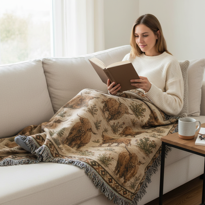 Highland Cow Woven Blanket | Rustic Farmhouse Throw