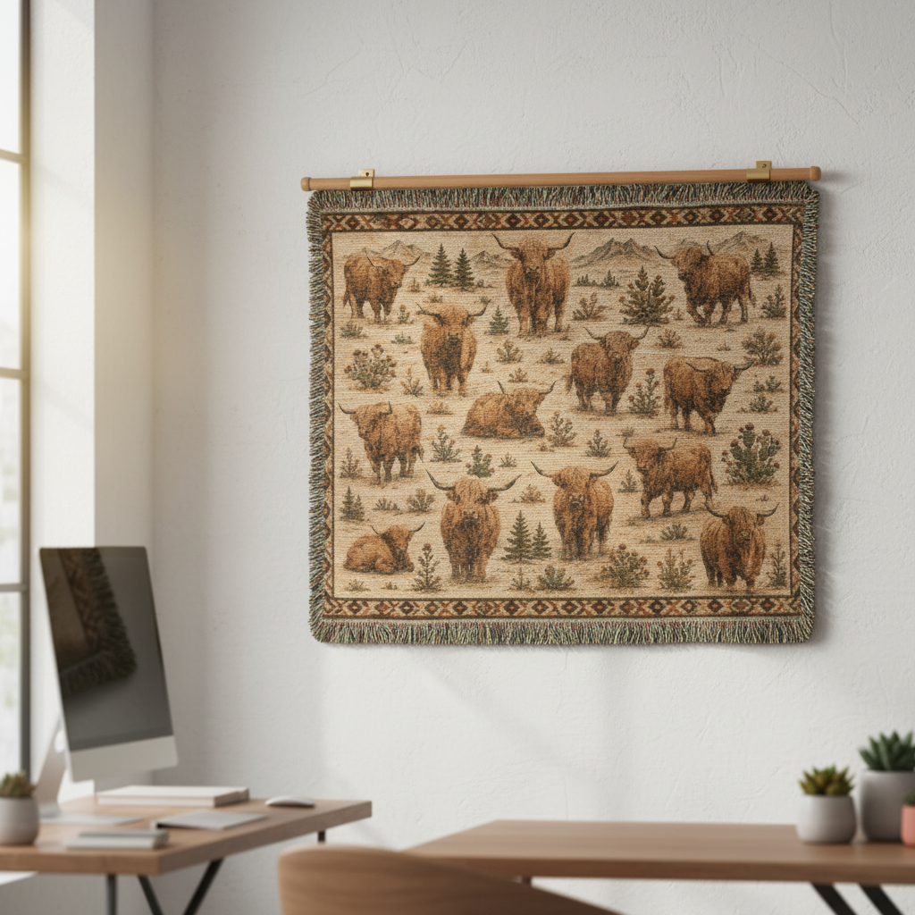 Highland Cow Woven Blanket | Rustic Farmhouse Throw