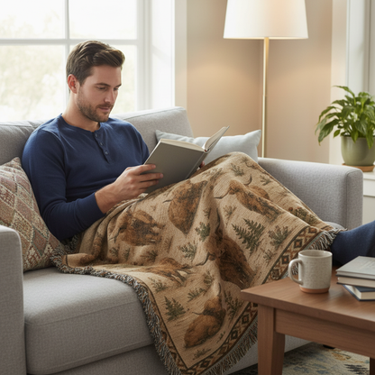 Highland Cow Woven Blanket | Rustic Farmhouse Throw