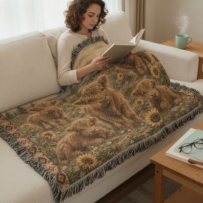 Highland Cow Calf Woven Blanket | Sunflower Farmhouse Throw
