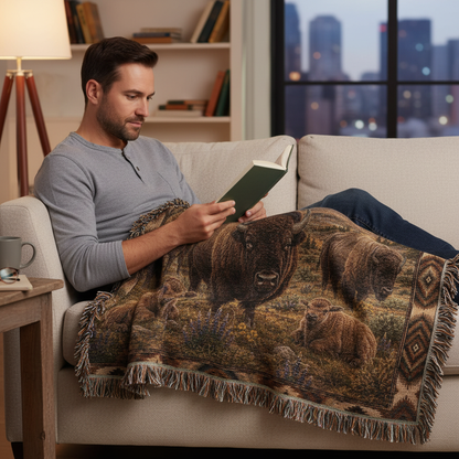 American Bison Woven Blanket | Rustic Western Throw