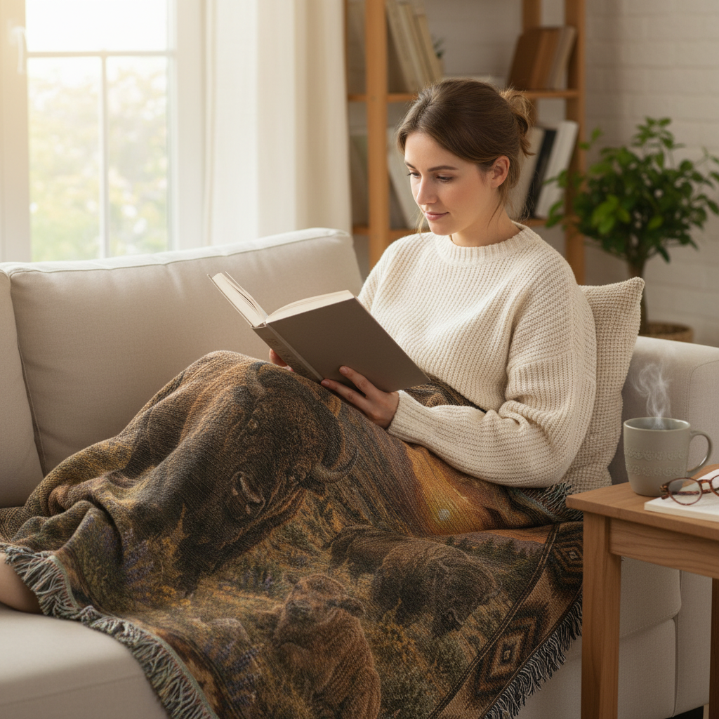 American Bison Woven Blanket | Rustic Western Throw