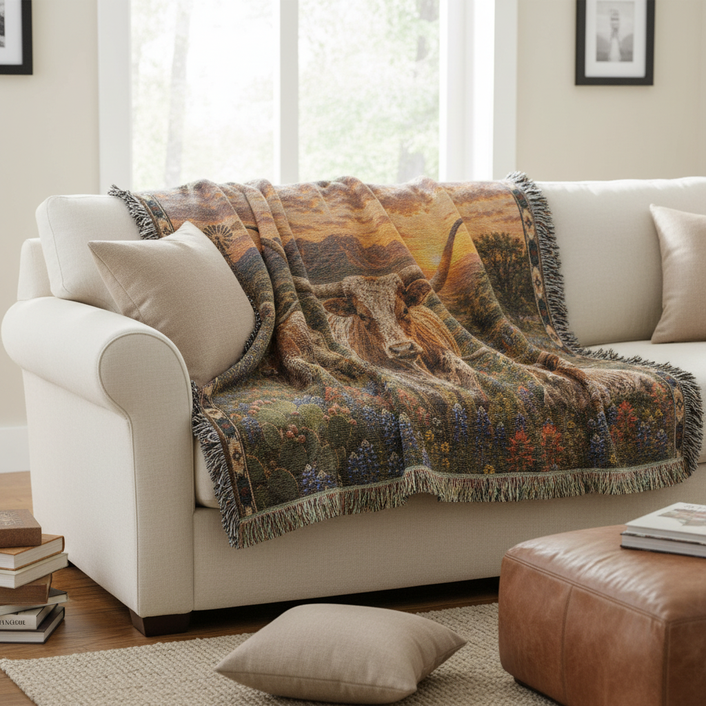 Texas Longhorn Bluebonnet woven blanket draped over cream sofa with sunset ranch scenery, wildflowers, and fringe detail