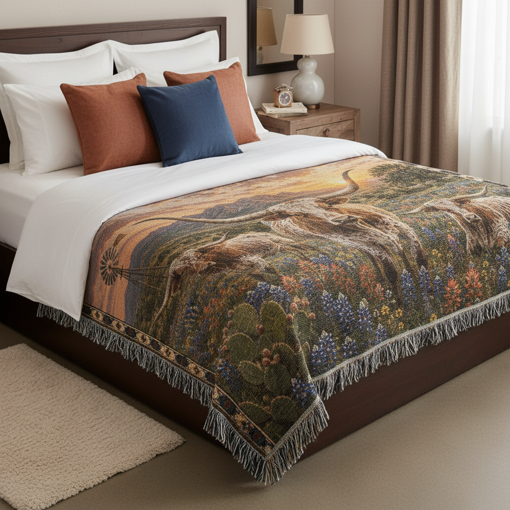 Texas Longhorn Bluebonnet Woven Blanket | Western Ranch Gift
