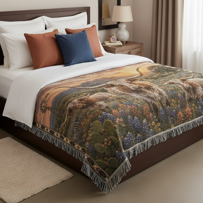 Texas Longhorn Bluebonnet Woven Blanket | Western Ranch Gift