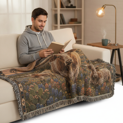 Texas Longhorn Bluebonnet woven blanket styled on couch with longhorn cattle artwork, wildflowers, and rustic Western ranch design